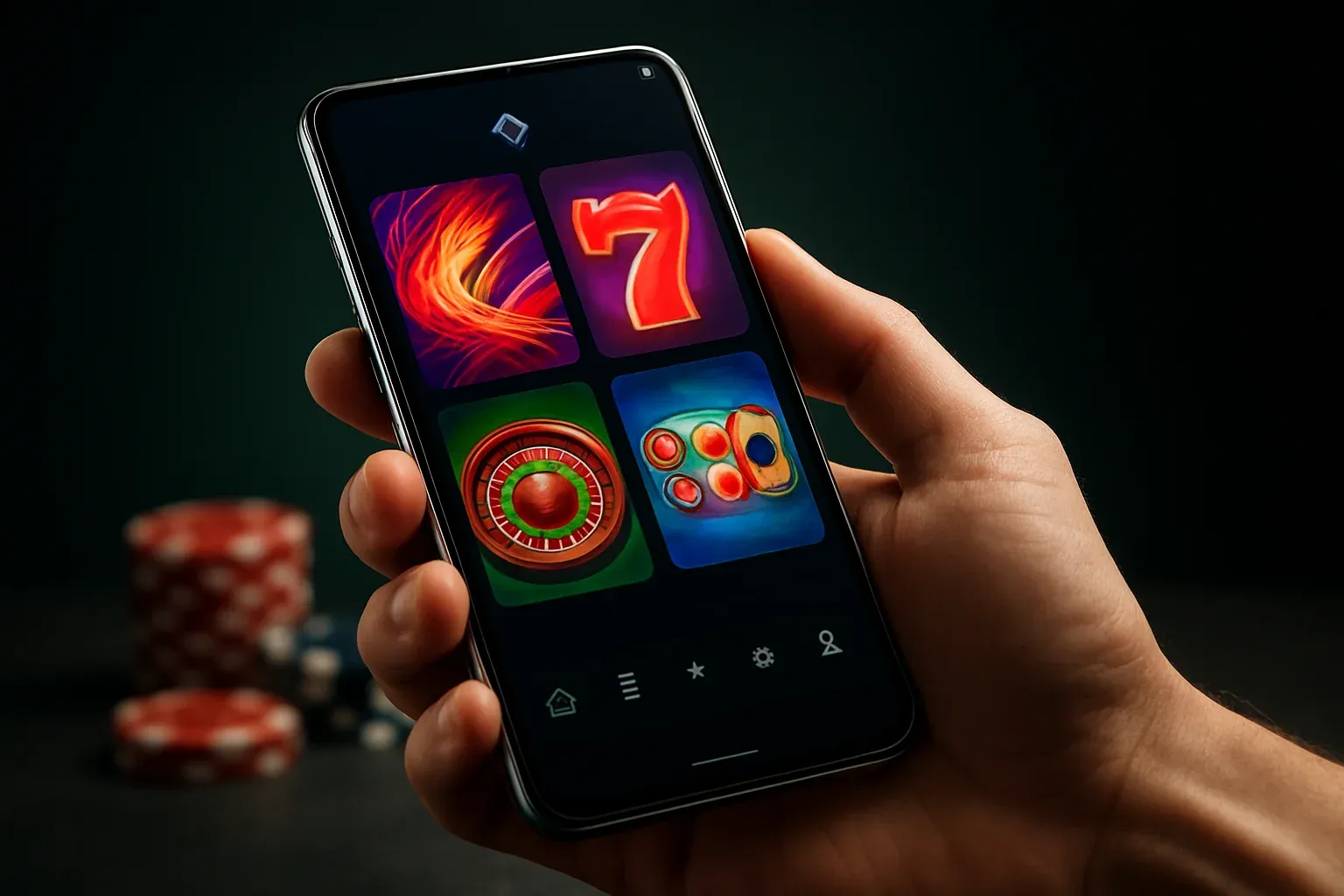 Flagship Android smartphone showing vivid casino app interface in dramatic lighting
