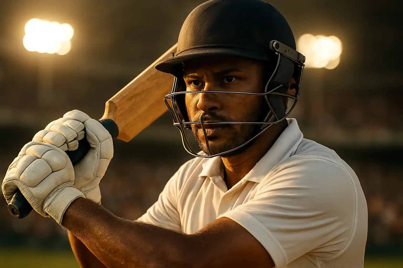 Bangladeshi male cricket batsman in white kit mid-swing under stadium lights