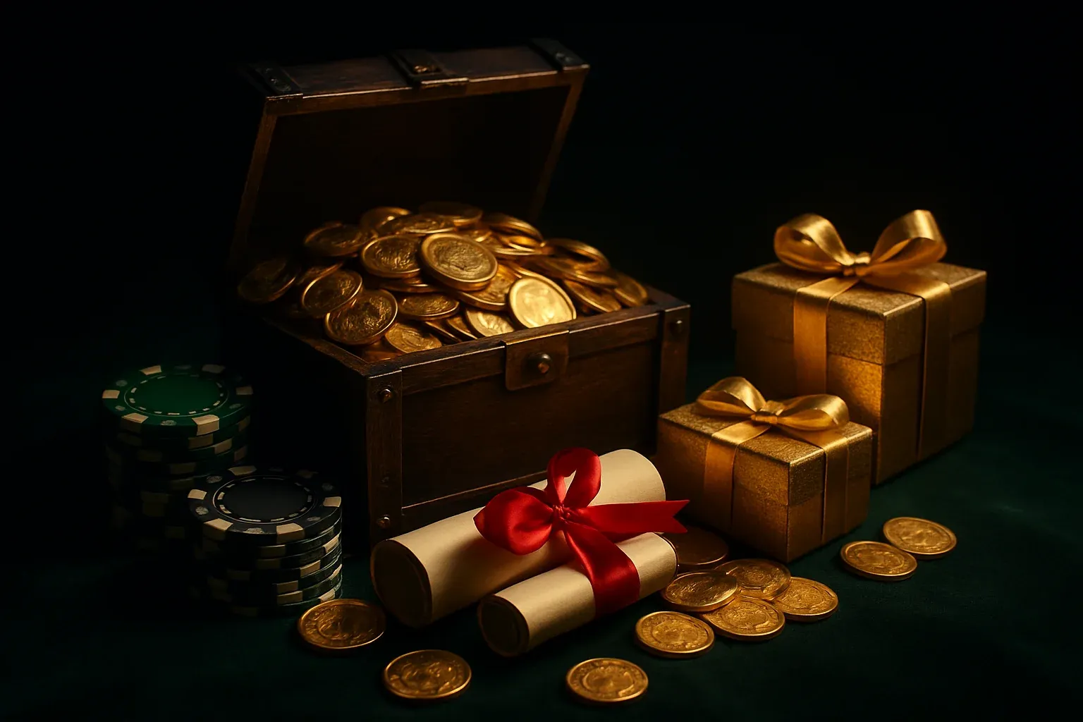 Overflowing treasure chest with coins, casino chips, vouchers, and gift boxes