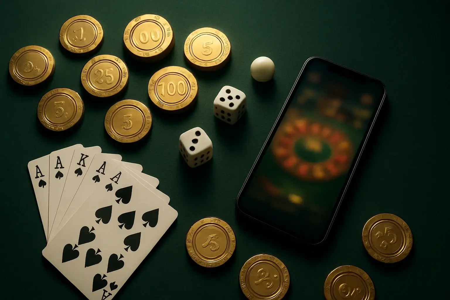 Top-down casino table with gold chips, cards, dice, roulette ball, smartphone