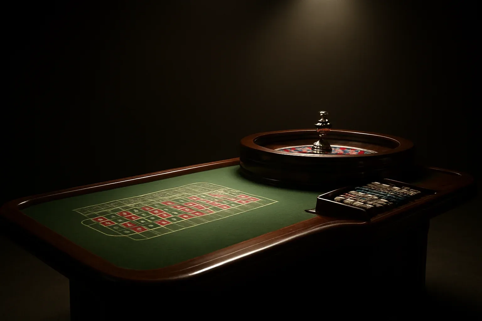 Hyperrealistic live casino studio with empty roulette table and dramatic lighting