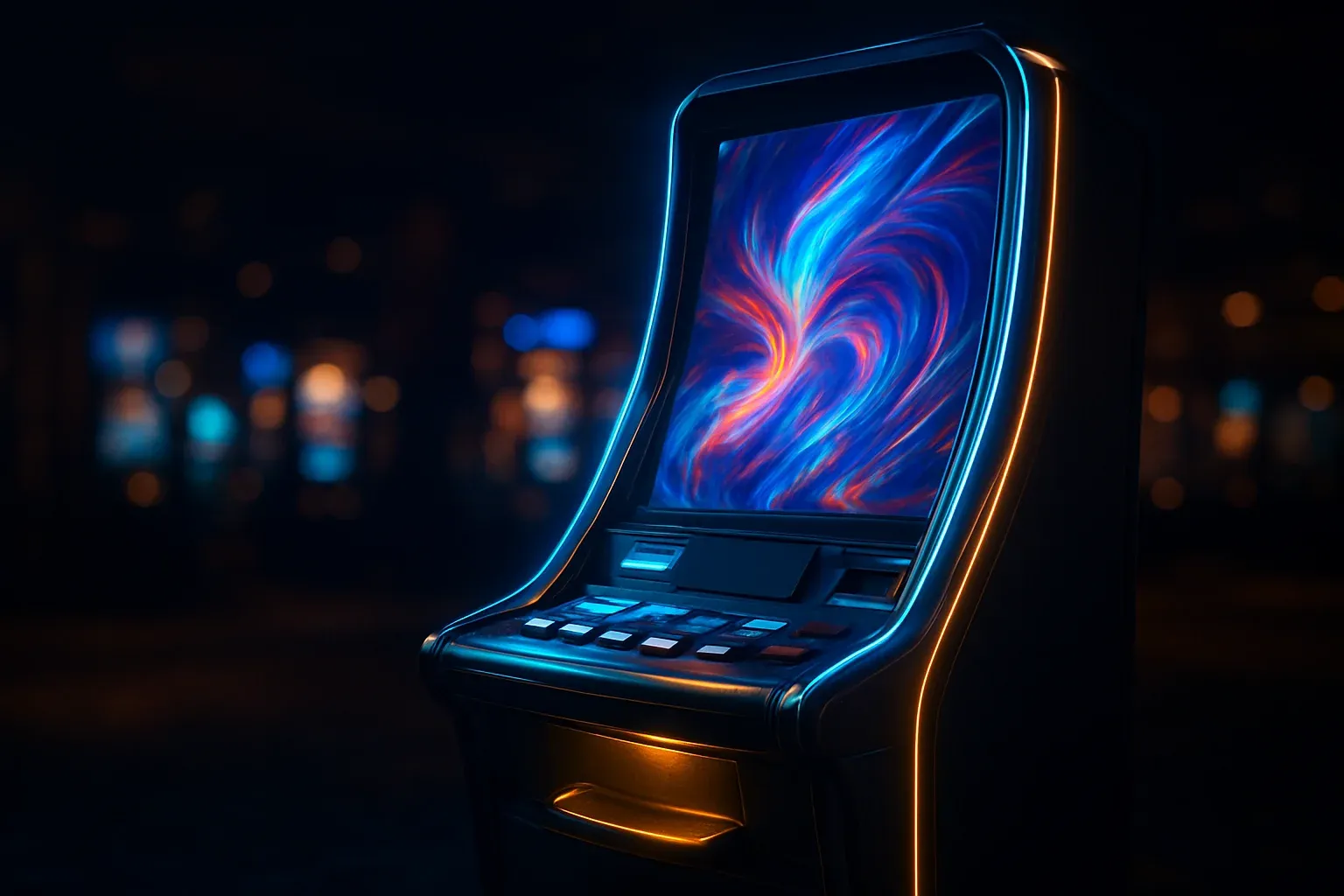 Hyperrealistic premium slot machine glowing in dark luxury casino floor